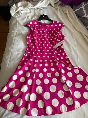 London Times Hot Pink and White Polka Dot Fit-and-Flare Dress